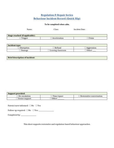 Behaviour Incident Record Slip