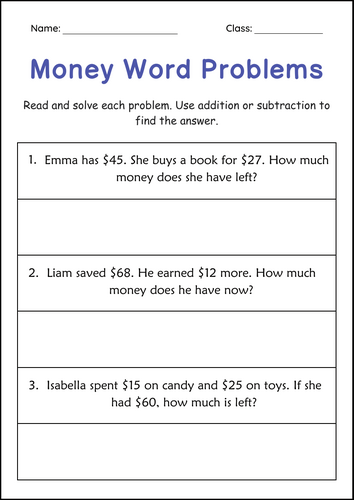Addition and Subtraction Money Word Problems Math Worksheets for Grade 2, 3
