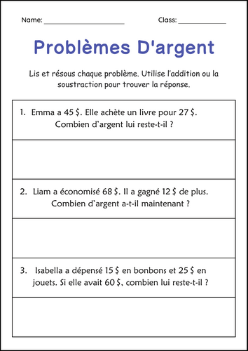 Addition and Subtraction Money Word Problems Math Worksheets in French
