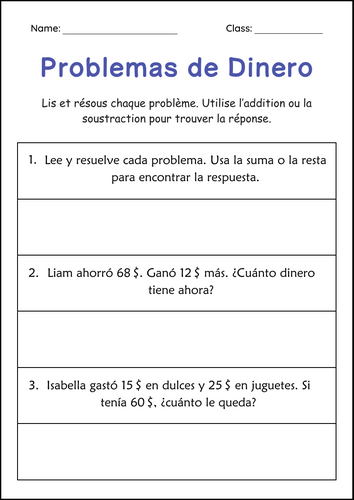Addition and Subtraction Money Word Problems Math Worksheets in Spanish