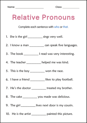 Printable Relative Pronouns Practice Grammar Worksheets for Grade 2, 3, 4