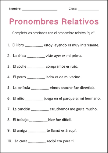 Spanish Relative Pronouns Practice Grammar Worksheets for Grade 2, 3, 4