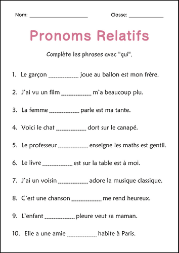 Relative Pronouns Practice Grammar Worksheets in French for Grade 2, 3, 4