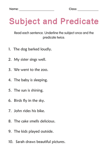Subjects and Predicates - Sentence Structure Grammar Worksheet for Grade 2, 3, 4