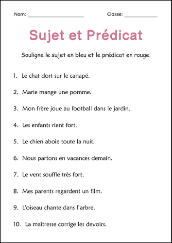 French Subjects and Predicates - Sentence Structure Worksheets for Grade 2, 3, 4