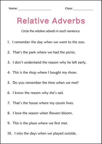 Relative Adverbs Practice Grammar Worksheets for Grade 2, 3, 4