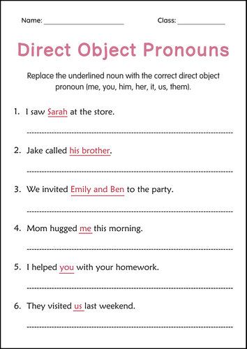 Printable Direct Object Pronouns Practice Grammar Worksheets for Grade 2, 3, 4
