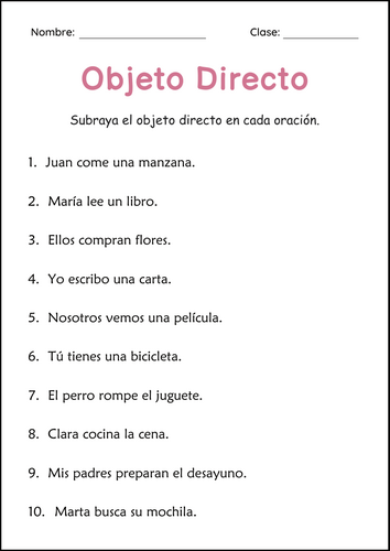 Direct Object Pronouns Practice Grammar Worksheets in Spanish for Grade 2, 3, 4
