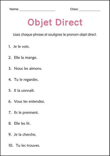 Direct Object Pronouns Practice Grammar Worksheets in French for Grade 2, 3, 4
