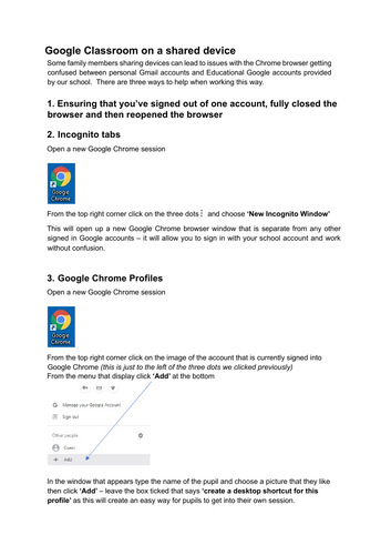 Accessing Google Classroom on a shared device info sheet for parents