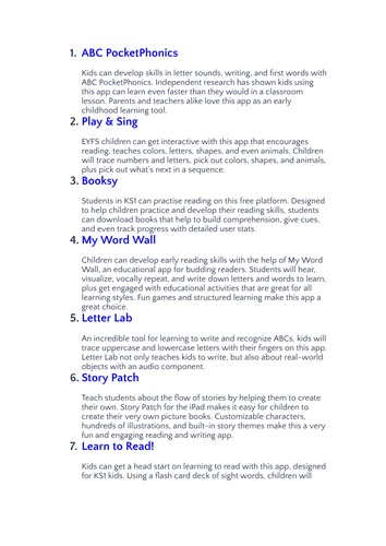 Suggested list for Apps for Reading