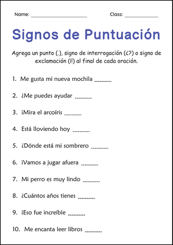 Punctuation Marks Practice Worksheets in Spanish for Grade 2, 3