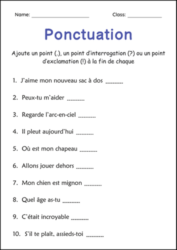 Punctuation Marks Practice Worksheets in French for Grade 2, 3