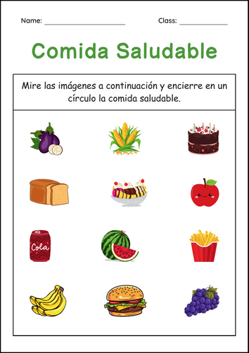 Healthy and Unhealthy Food Worksheets in Spanish