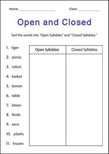 Printable Open and Closed Syllables Grammar Worksheets for Grade 1, 2, 3