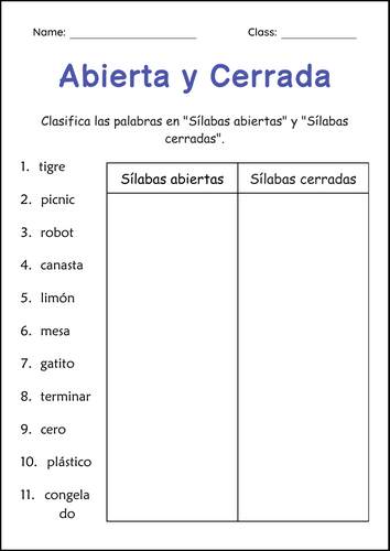 Open and Closed Syllables Worksheets in Spanish - Sílabas Abiertas y Cerradas