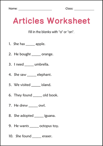 Printable Articles (a, an, the) English Grammar Worksheets for Grade 1, 2, 3