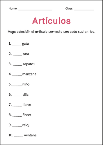 Definite and Indefinite Articles Practice (el, la, los, las, un, una, unos, unas)