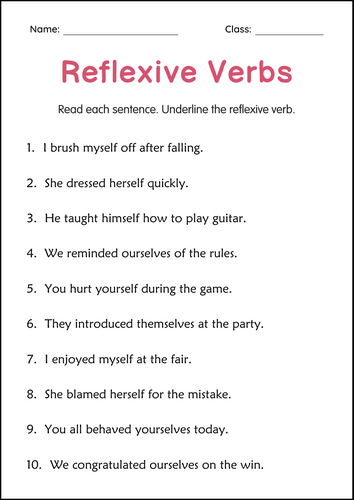 Printable Reflexive Verbs Practice Grammar Worksheets for Grade 2, 3, 4
