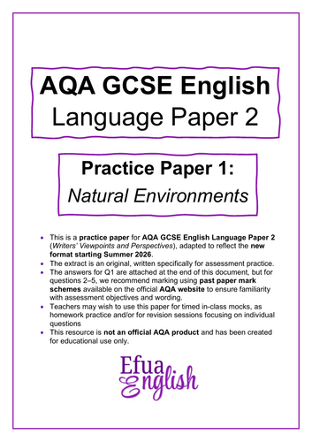 NEW 2026 FORMAT AQA GCSE English Language Practice Paper 2 Natural Environments