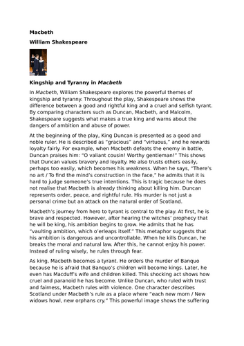 Macbeth – William Shakespeare - Kingship and Tyranny
