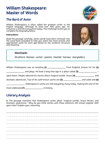 KS2 William Shakespeare Worksheet
