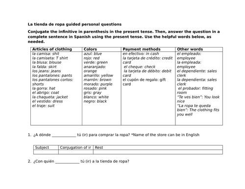 La tienda de ropa guided personal questions