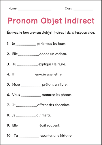 Indirect Object Pronouns in French Practice Grammar Worksheets for Grade 2, 3