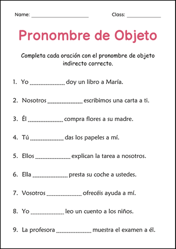 Indirect Object Pronouns Worksheets in Spanish - Pronombres de Objeto Indirecto