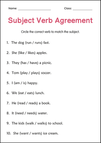 Printable Subject Verb Agreement Grammar Worksheets Practice for Grade 2, 3, 4