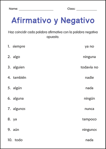 Printable Affirmative and Negative Words in Spanish Practice Worksheets