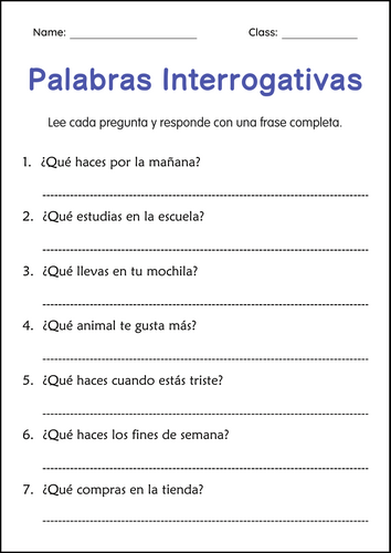 Palabras Interrogativas - Question Words Worksheets in Spanish for Grade 1, 2, 3