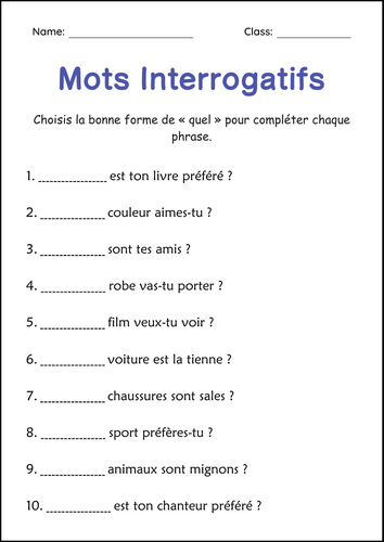 Mots Interrogatifs - Question Words Worksheets in French for Grade 1, 2, 3