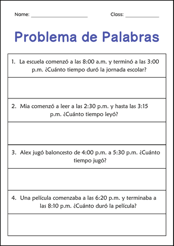 Elapsed Time Word Problem Worksheets in Spanish - Problema de la Palabra Tiempo