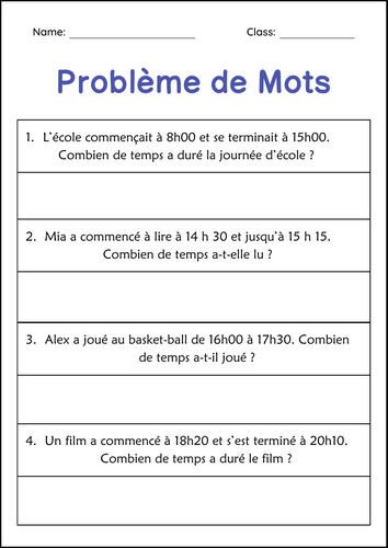 Elapsed Time Word Problem Worksheets in French - Problème de Mot Temporel
