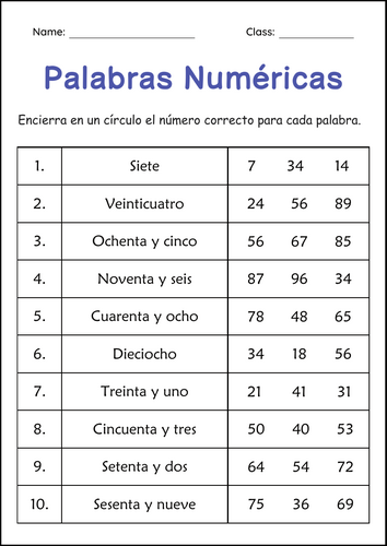 Number Words 1 to 100 Worksheets in Spanish - Palabras Numéricas del 1 al 100