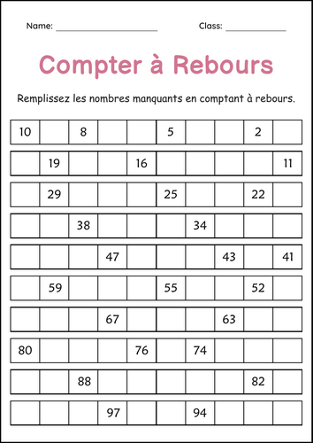 Counting Backward 1 to 500 Worksheets in French - Compter à Rebours de 1 à 500