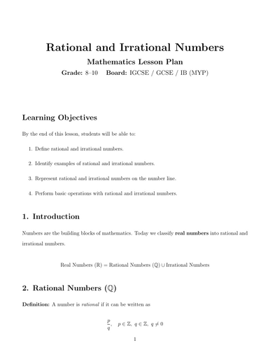 Rational and Irrational Numbers Mathematics Lesson Plan Grade: 8–10 Board: IGCSE / GCSE / IB (MYP