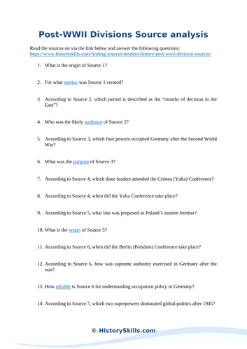 Post-WWII Division Between Soviet Russia and the West Source Analysis Worksheet