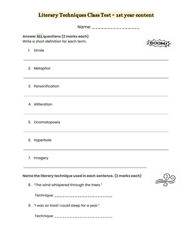 Literary Techniques Class Test - 1st Year