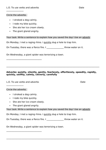 Y2 writing adverbs activity adaptable