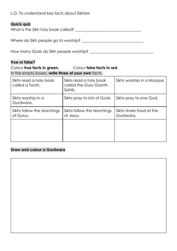 Sikhism key facts RE worksheet Gurdwara and quiz