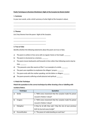Night of the Scorpion by Nissim Ezekiel Worksheet