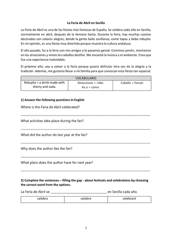 AQA Festivals Customs and Celebrations Worksheet