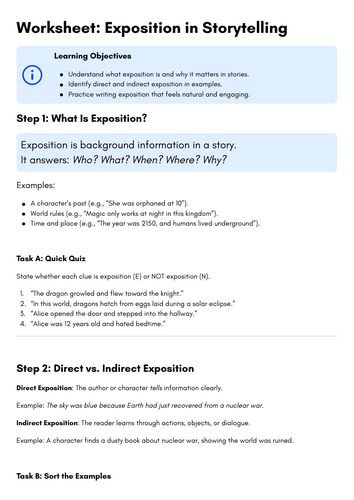 Worksheet: Exposition in Storytelling / SEND English KS3 Writing