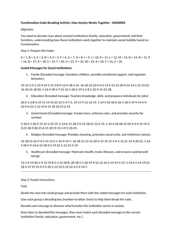 Functionalism Code-Breaking Activity | GCSE Sociology | Social Institutions Revision | Durkheim