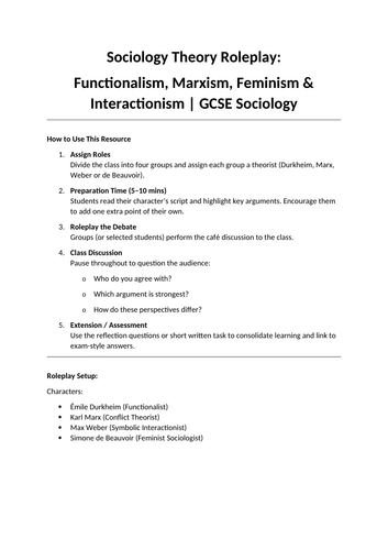 Sociology Theory Roleplay | Functionalism, Marxism, Feminism & Interactionism | GCSE Sociology