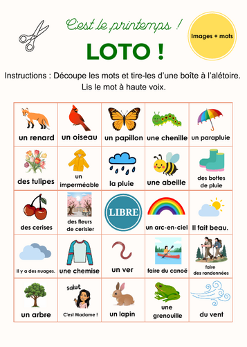 FRENCH Bingo (Spring words edition) - Jeu de LOTO (C'est le printemps !)