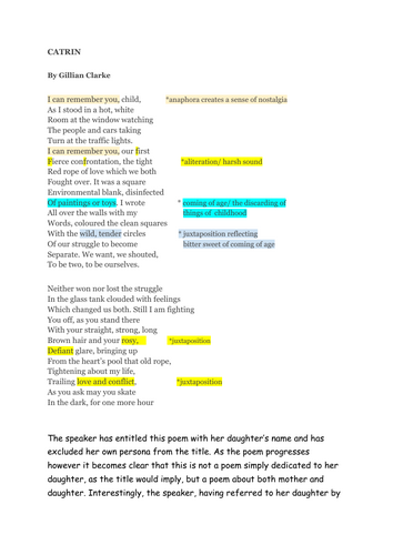 "CATRIN" (Gillian Clarke) GCSE ENGLISH LITERATURE poetry anthology