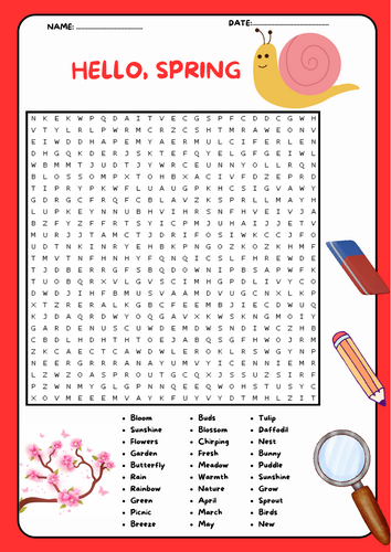 Hello Spring word search puzzle worksheet activity